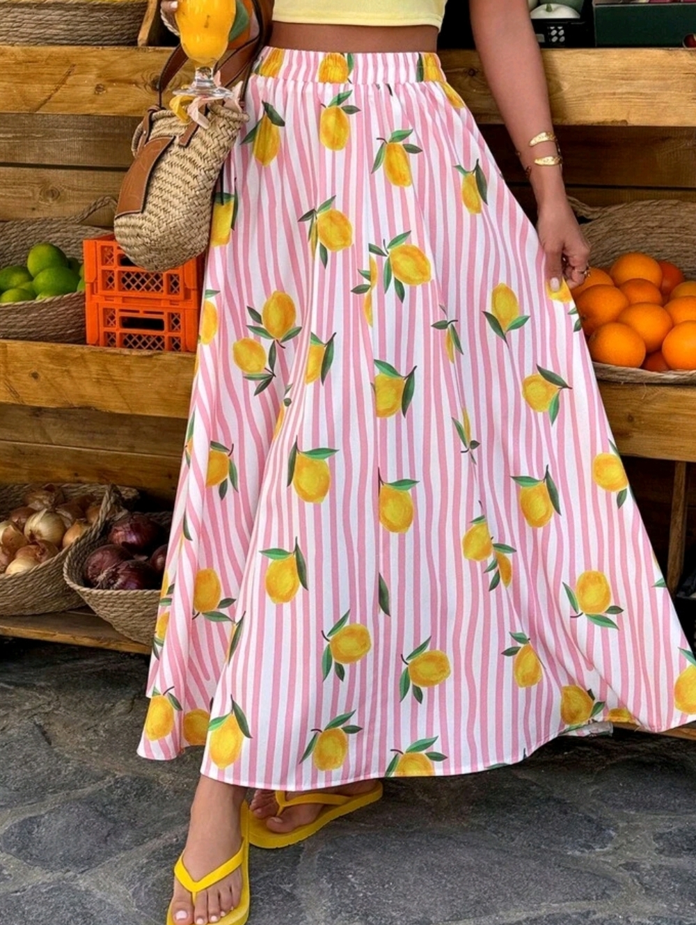 Women’s Pink Striped Lemon Print Maxi Skirt - Picture 3 of 5